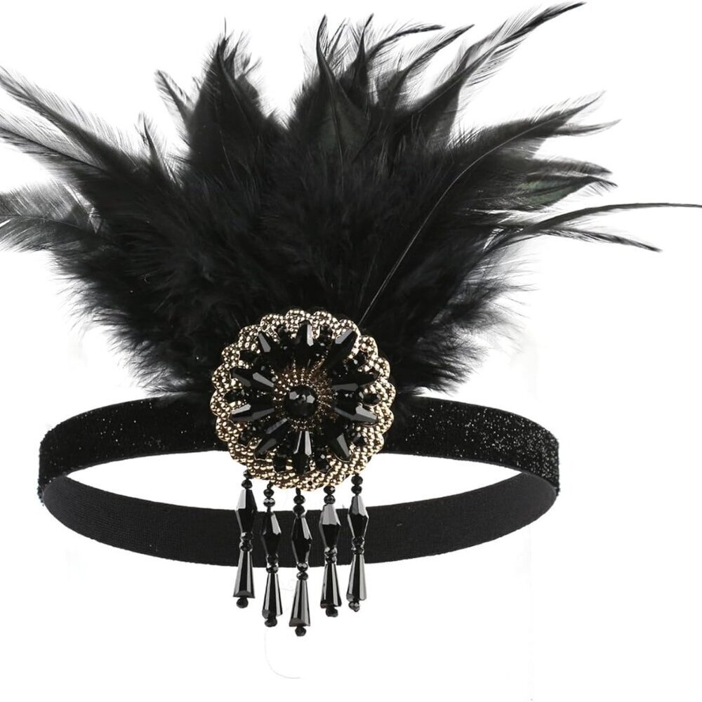 Vintage 1920s Flapper Headband with Feathers Crystals for Party & Costumes